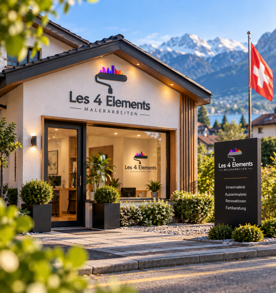 Les 4 Elements Malerarbeiten Büro von Les 4 Elements Malerarbeiten mit Firmenlogo, Schweizer Fahne und Bergpanorama